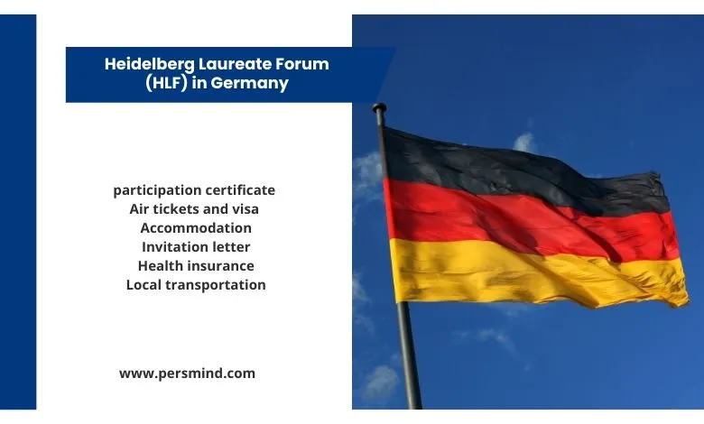German flag waving against a clear sky beside an information panel listing the benefits of the Heidelberg Laureate Forum (HLF) in Germany.