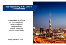 Dubai skyline at night with Burj Khalifa, representing a fully funded job opportunity in the United Arab Emirates including visa, accommodation, flights, and benefits.