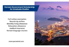 Korean Government Scholarship for Graduate Studies infographic showing key benefits such as full tuition exemption, round-trip airfare, monthly living allowance, medical insurance, and Korean language courses, with a scenic night view of Busan, South Korea.