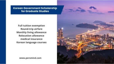 Korean Government Scholarship for Graduate Studies infographic showing key benefits such as full tuition exemption, round-trip airfare, monthly living allowance, medical insurance, and Korean language courses, with a scenic night view of Busan, South Korea.