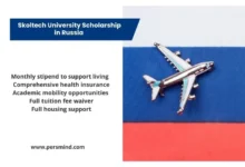 Skoltech University Fully Funded Scholarship in Russia with Russian flag background and airplane symbolizing study abroad opportunity
