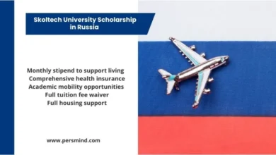 Skoltech University Fully Funded Scholarship in Russia with Russian flag background and airplane symbolizing study abroad opportunity