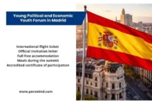 Spanish flag waving over Madrid with an information panel summarizing the benefits of the Young Political and Economic Youth Forum in Madrid.