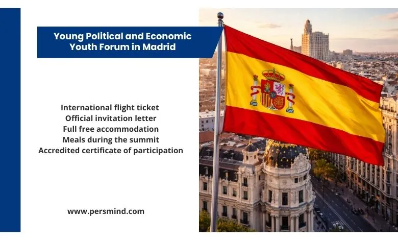 Spanish flag waving over Madrid with an information panel summarizing the benefits of the Young Political and Economic Youth Forum in Madrid.