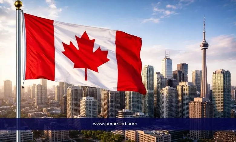 Canadian flag waving in front of the Toronto skyline with the CN Tower at sunset.
