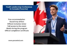 A young speaker presenting at a podium during the Youth Leadership Conference in Toronto, Canada, with the Canadian flag in the background.