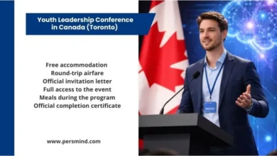 A young speaker presenting at a podium during the Youth Leadership Conference in Toronto, Canada, with the Canadian flag in the background.
