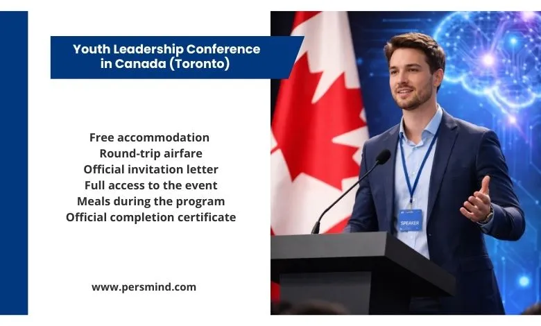 A young speaker presenting at a podium during the Youth Leadership Conference in Toronto, Canada, with the Canadian flag in the background.
