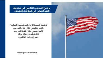 صورة لعلم الولايات المتحدة الأمريكية مرفوعًا على سارية في يوم صافٍ، مع نص يوضح مزايا برنامج التدريب الداخلي في صندوق النقد الدولي.