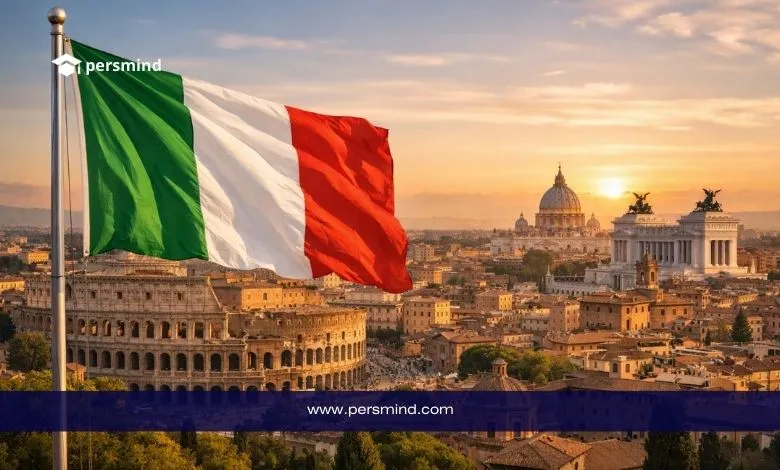 علم إيطاليا يرفرف أمام الكولوسيوم وقبة الفاتيكان في روما – صورة لمقال التطوع في إيطاليا 2026.