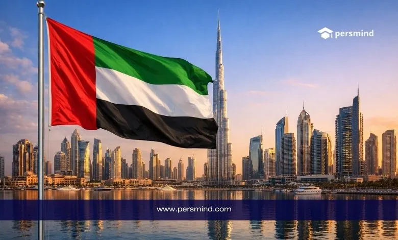 علم الإمارات أمام أفق دبي وبرج خليفة يرمز إلى الدراسة في الإمارات للطلاب الدوليين