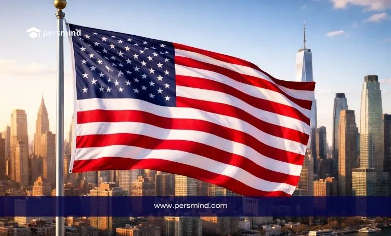 علم الولايات المتحدة أمام أفق مدينة حديثة يرمز إلى الدراسة في جامعة هارفارد في أمريكا