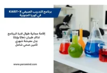 صورة لمختبر علمي يحتوي على أدوات وتجارب كيميائية ملوّنة، مع نص يوضح مزايا برنامج التدريب الصيفي KAIST-X في كوريا الجنوبية.