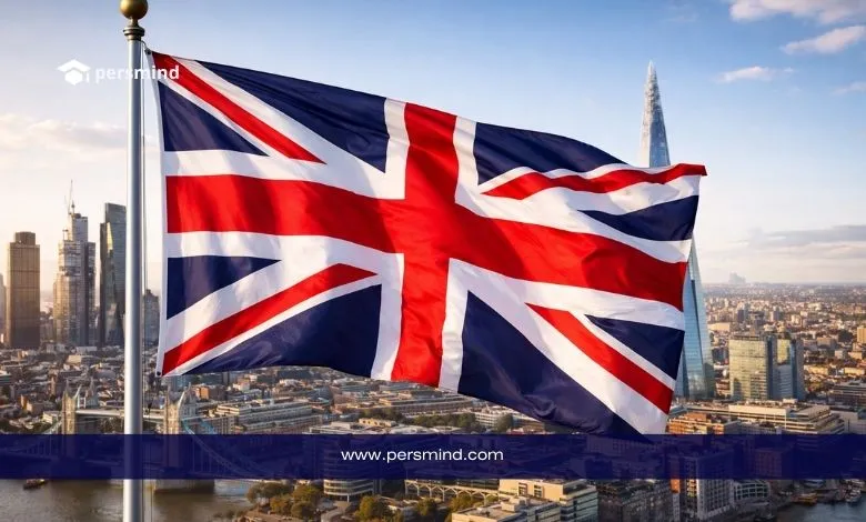 علم المملكة المتحدة أمام أفق لندن يرمز إلى جامعات بريطانية تقبل اختبار دوولينجو