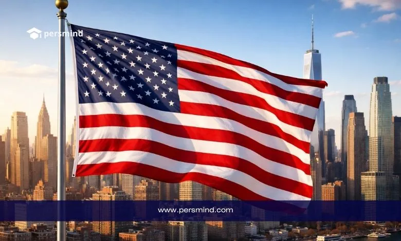 علم الولايات المتحدة الأمريكية أمام أفق مدينة نيويورك يرمز إلى الجامعات المجانية في أمريكا