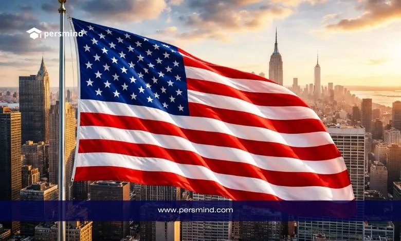 علم دولة أجنبية أمام أفق مدينة حديثة يرمز إلى الدراسة الجامعية في الخارج