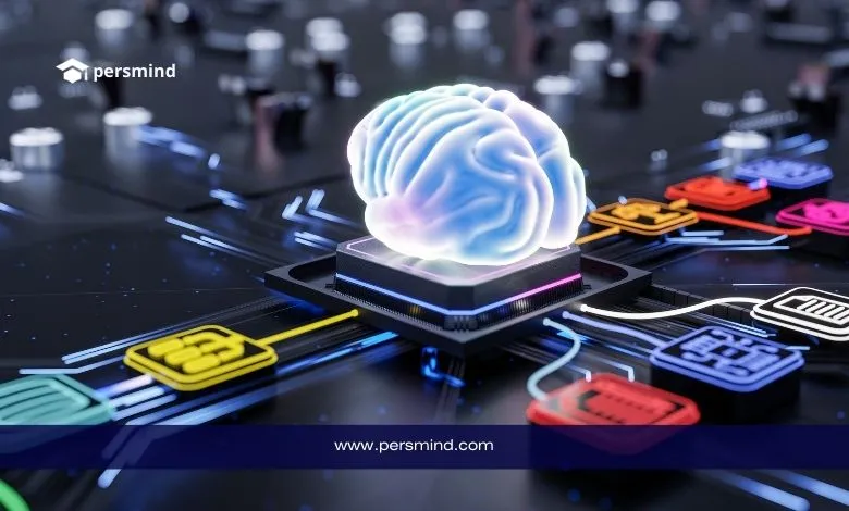 دماغ رقمي فوق شريحة إلكترونية يرمز إلى دراسة الذكاء الاصطناعي وتعلم الآلة