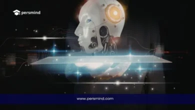 رأس روبوت بتقنيات رقمية يرمز إلى دراسة الذكاء الاصطناعي وتعلم الآلة