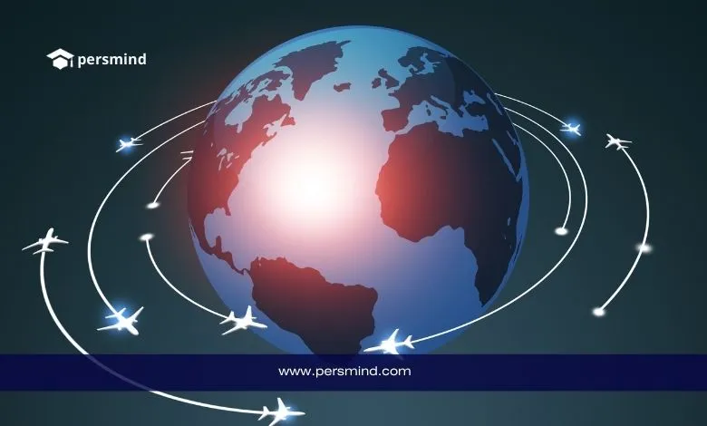 صورة توضيحية لكرة أرضية تحيط بها طائرات بخطوط مسار طيران، ترمز إلى دراسة الطيران في ألمانيا وبرامج تدريب الطيارين الدوليين، مع شعار Persmind في الزاوية.