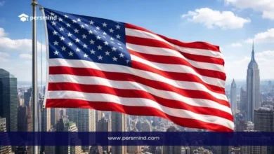 علم دولة أجنبية أمام أفق مدينة حديثة يرمز إلى دراسة الماجستير عن بعد في الخارج