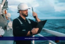 مهندس بحري يرتدي خوذة سلامة على متن سفينة أثناء فحص المعدات البحرية باستخدام جهاز اتصال ولوح بيانات، في سياق دراسة الهندسة البحرية.