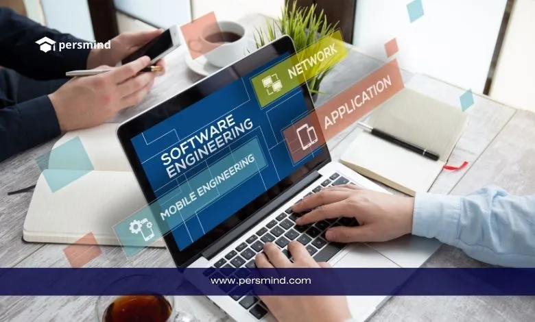 شخص يعمل على حاسوب محمول تظهر عليه عبارة Software Engineering مع مفاهيم الشبكات والتطبيقات