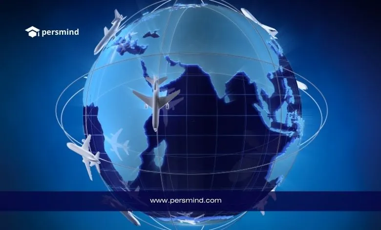 كرة أرضية رقمية تحيط بها طائرات ترمز إلى السفر الدولي في زمالة جيفرسون