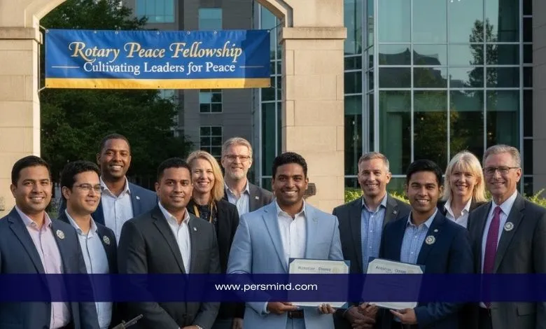 صورة مجموعة من المشاركين في زمالة روتاري للسلام 2027/28 يحملون شهاداتهم أمام لافتة Rotary Peace Fellowship – برنامج ممول بالكامل لإعداد قادة السلام.
