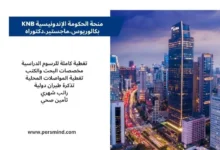 صورة لمدينة جاكرتا في إندونيسيا مع ناطحات سحاب مضاءة ليلًا، وتضمين نص يوضح مزايا منحة الحكومة الإندونيسية KNB للبكالوريوس والماجستير والدكتوراه.