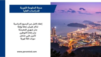 أفق مدينة كورية ساحلية ليلًا مع جسر مضاء، وصورة توضيحية لمزايا منحة الحكومة الكورية للدراسات العليا