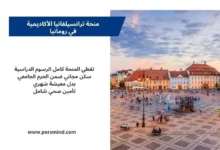 تصميم ترويجي لمنحة ترانسيلفانيا الأكاديمية في رومانيا يظهر ساحة مدينة تاريخية في ترانسيلفانيا مع معلومات عن التمويل الكامل للمنحة.