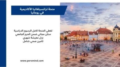 تصميم ترويجي لمنحة ترانسيلفانيا الأكاديمية في رومانيا يظهر ساحة مدينة تاريخية في ترانسيلفانيا مع معلومات عن التمويل الكامل للمنحة.