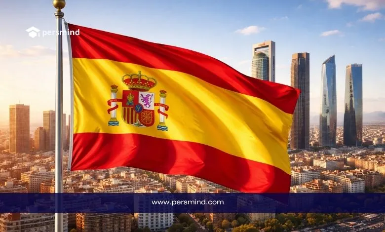 علم إسبانيا يرفرف أمام أفق مدينة حديثة يرمز إلى منحة جامعة خايين في إسبانيا