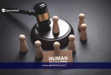 صورة رمزية عن حقوق الإنسان تُظهر مطرقة القضاء ومجسمات خشبية تمثل الأفراد مع بطاقة تحمل عبارة Human Rights، مناسبة لمقال ندوة ASEF ASEM لحقوق الإنسان.