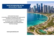 Promotional image for the Amiri Scholarship at the University in Qatar, featuring the Doha skyline and a list of scholarship benefits including full tuition waiver, monthly stipend, health insurance, free accommodation, transportation, and visa coverage.