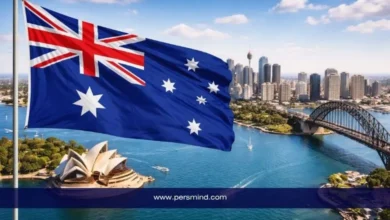 علم أستراليا أمام أفق مدينة سيدني ودار الأوبرا وجسر هاربر ضمن مقال عن قمة الشباب الأسترالية