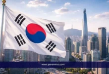 علم كوريا الجنوبية أمام أفق مدينة سيول في إشارة إلى قمة الشباب الكورية