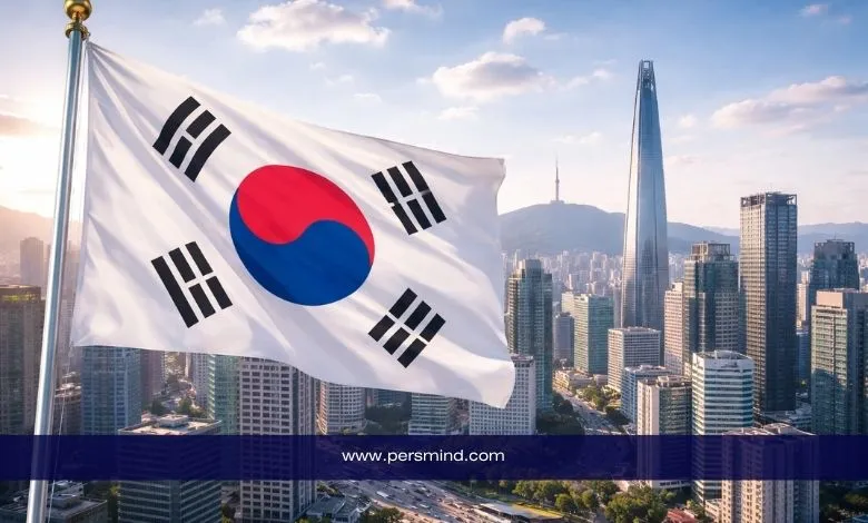 علم كوريا الجنوبية أمام أفق مدينة سيول في إشارة إلى قمة الشباب الكورية