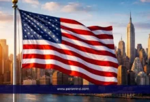 علم الولايات المتحدة أمام أفق مدينة نيويورك ضمن مقال عن منح إدارة الأعمال في هارفارد وبرامج MBA الممولة