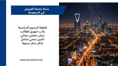 إعلان منحة جامعة الفيصل في السعودية مع صورة لمدينة الرياض ومزايا التمويل الكامل للطلاب الدوليين