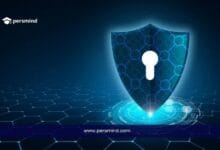 Blue digital shield with a keyhole symbol on a technological background for the ADBI Cybersecurity Course for Free with Free Certificate article.