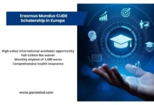A digital education-themed image showing a graduation cap and academic icons, representing the Erasmus Mundus CLIDE Scholarship in Europe for international students.