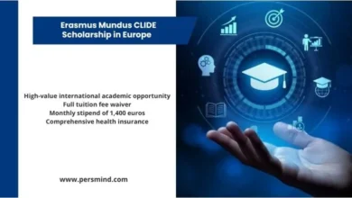 A digital education-themed image showing a graduation cap and academic icons, representing the Erasmus Mundus CLIDE Scholarship in Europe for international students.