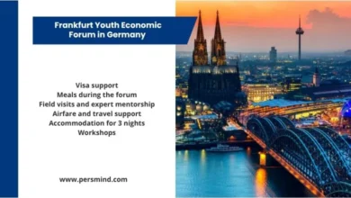 Graphic for the Frankfurt Youth Economic Forum in Germany with a list of forum benefits and a panoramic image of Frankfurt city at sunset.