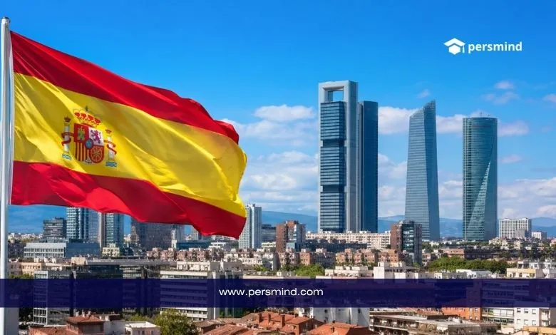 مؤتمر الشباب في إسبانيا مع علم إسبانيا وأفق المدينة الحديثة